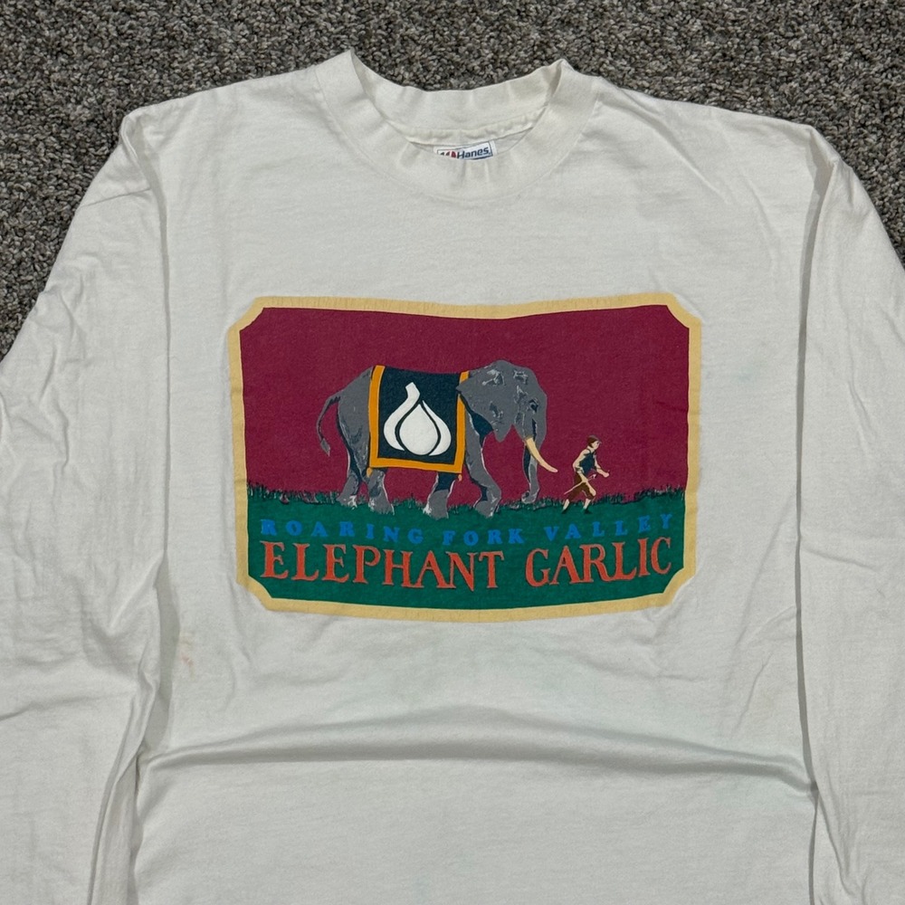 Vintage 80s Roaring Fork Valley Elephant Garlic Long Sleeve Shirt Mens XL‎ Hanes